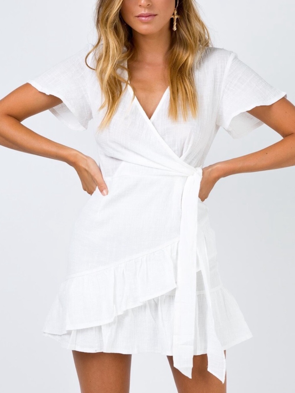 Princess Polly White Mini Dress Size 4 Wrap Style Ruffle Hem Cotton Summer